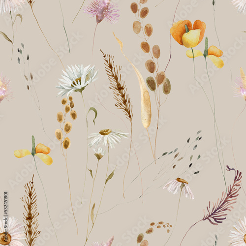 Watercolor boho wildflowers floral seamless pattern. Hand drawn elegant  delicate botanical background. Repeatable texture  wrapping paper  stationery  wallpaper   fabric  paper  textile