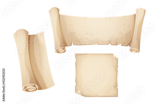 Set ancient old parchment paper, scroll, page empty medieval letter in cartoon style isolated on white background. Game asset, grunge frame, manuscript.