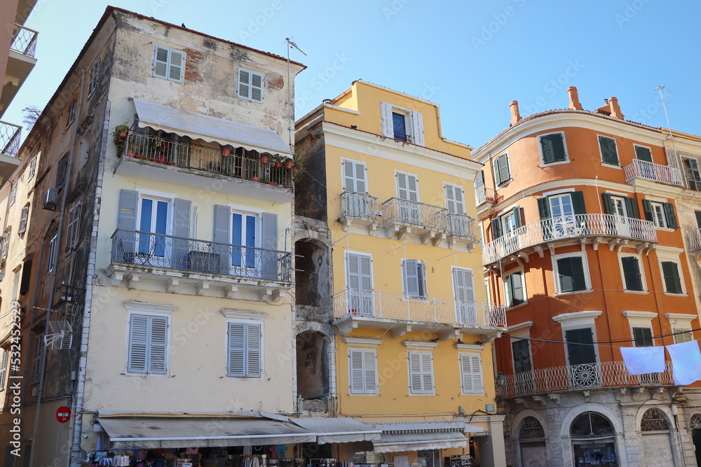 Street view of Corfu, capital of Corfu island, Greece. View of Kerkyra with beautiful buildings during summer sunny day