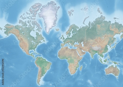 The World map Relief Bathymetry oceans in blue