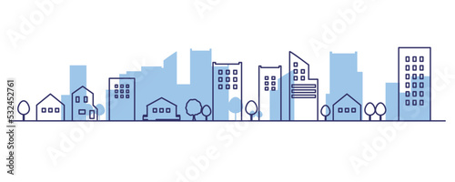 水色のシンプルな街並みのシルエットと線画のイラスト素材　背景イラスト　都市景観