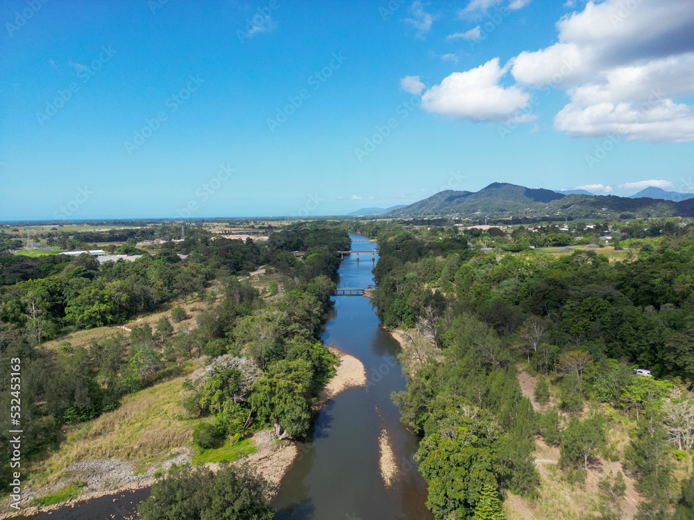 Aerial view of tropical river, bridges and nature