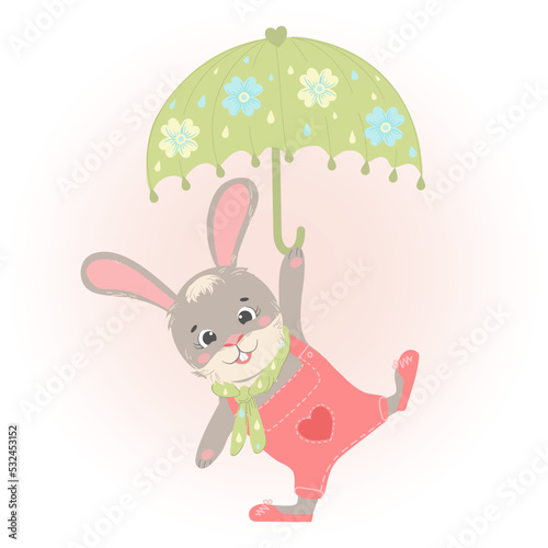 Cute rabbit with a green umbrella, rejoices in the spring and the sun, vector illustration