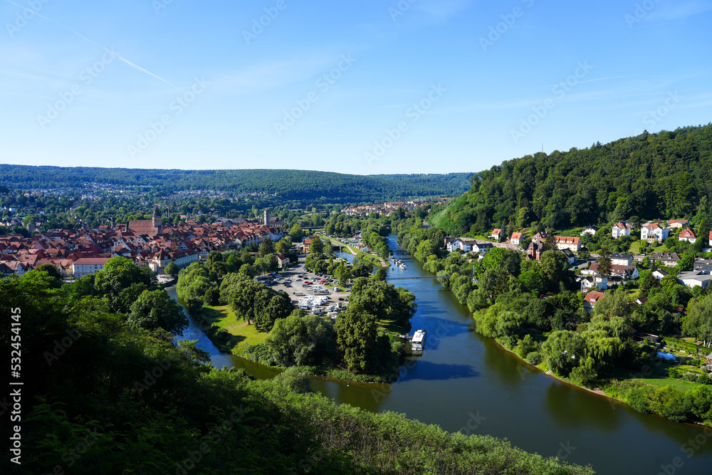 View of Hann. Münden from the Weserliedanlage. Panorama landscape from the city with the confluence of the Werra and Fulda rivers into the Weser.
View of Hann. Münden from the Weserliedanlage. Panorama landscape from the city with the confluence of the Werra and Fulda rivers into the Weser.