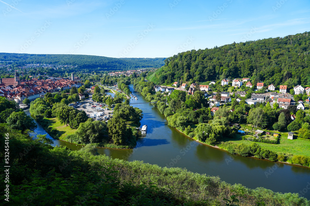 View of Hann. Münden from the Weserliedanlage. Panorama landscape from the city with the confluence of the Werra and Fulda rivers into the Weser.
