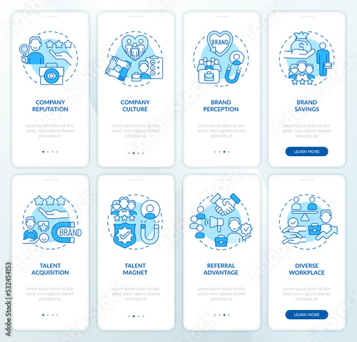 Profits of employer branding blue onboarding mobile app screen set. HR walkthrough 4 steps editable graphic instructions with linear concepts. UI, UX, GUI template. Myriad Pro-Bold, Regular fonts used