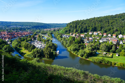 View of Hann. Münden from the Weserliedanlage. Panorama landscape from the city with the confluence of the Werra and Fulda rivers into the Weser.
 photo