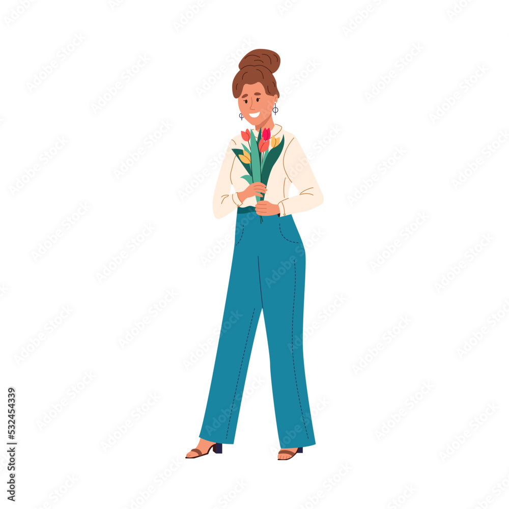 Young woman with flower gift. Happy smiling lady holding tulip bouquet. Stylish female character wearing casual clothes. Flat style vector illustration isolated on white background Young woman with flower gift. Happy smiling lady holding tulip bouquet. Stylish female character wearing casual clothes. Flat style vector illustration isolated on white background