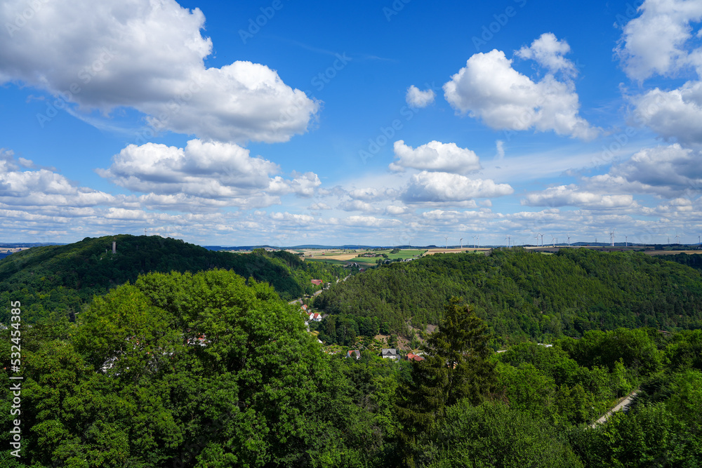 View from the Buttenturm on the Obermarsberg in Marsberg. Wide view of the landscape from the highest point.
