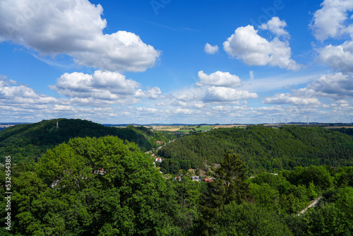 View from the Buttenturm on the Obermarsberg in Marsberg. Wide view of the landscape from the highest point. 