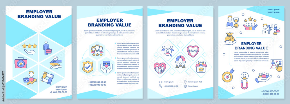 Employer branding value blue brochure template. Happy workers. Leaflet design with linear icons. Editable 4 vector layouts for presentation, annual reports. Arial-Black, Myriad Pro-Regular fonts used