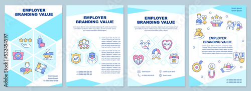 Employer branding value blue brochure template. Happy workers. Leaflet design with linear icons. Editable 4 vector layouts for presentation, annual reports. Arial-Black, Myriad Pro-Regular fonts used