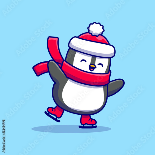 Cute Penguin Ice skating With Scarf Cartoon Vector Icon Illustration. Animal Sport Icon Concept Isolated Premium Vector. Flat Cartoon Style