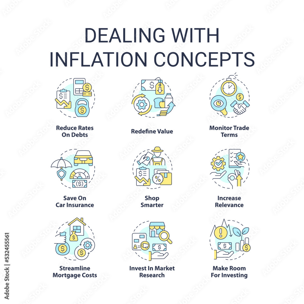 Dealing with inflation concept icons set. Rising prices. Interest rates. Economics idea thin line color illustrations. Isolated symbols. Editable stroke. Roboto-Medium, Myriad Pro-Bold fonts used