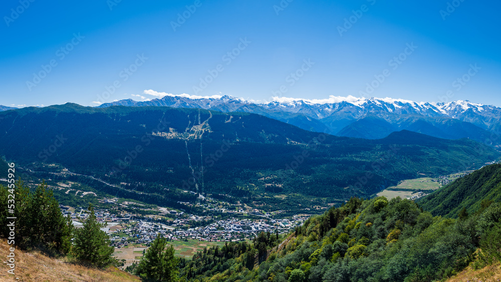 Obraz premium Mestia panorama landscape in Svaneti region, Georgia. Mestia in Svaneti region is a popular sightseeing destination for tourists in Georgia.