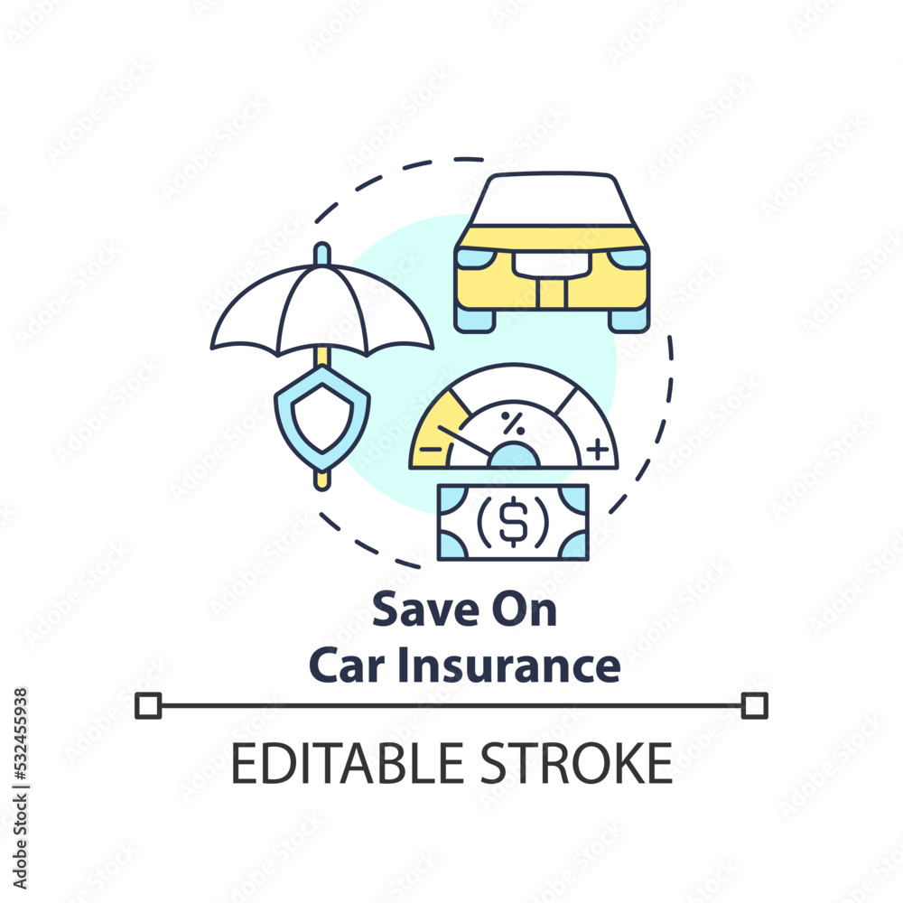 Save on car insurance concept icon. Vehicle coverage. Budgeting for inflation abstract idea thin line illustration. Isolated outline drawing. Editable stroke. Arial, Myriad Pro-Bold fonts used Save on car insurance concept icon. Vehicle coverage. Budgeting for inflation abstract idea thin line illustration. Isolated outline drawing. Editable stroke. Arial, Myriad Pro-Bold fonts used