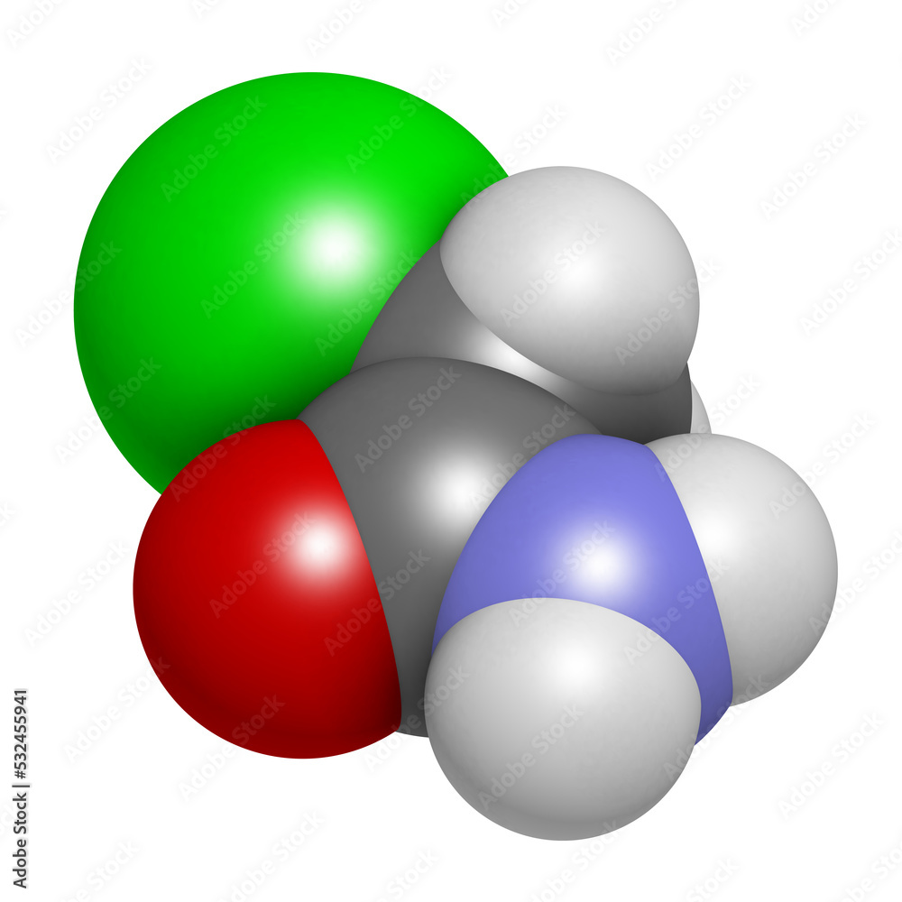 Chloroacetamide preservative molecule, 3D rendering. Chloroacetamide preservative molecule, 3D rendering.