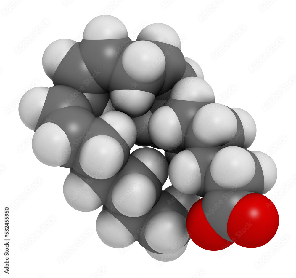 Dihomo-γ-linolenic acid (DGLA) fatty acid molecule. Omega 6-fatty acid that is produced in the body from gamma-linolenic acid, 3D rendering. Dihomo-γ-linolenic acid (DGLA) fatty acid molecule. Omega 6-fatty acid that is produced in the body from gamma-linolenic acid, 3D rendering.