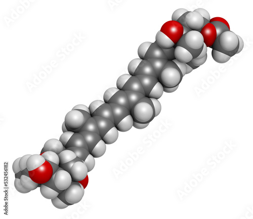 Fucoxanthin brown algae pigment molecule. Ingredient of some dietary supplements, 3D rendering. photo
