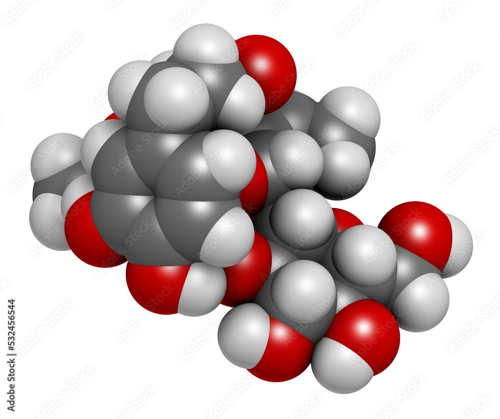 Oleuropein olive component molecule. In part responsible for pungency of virgin olive oil, may have beneficial properties, 3D rendering. Oleuropein olive component molecule. In part responsible for pungency of virgin olive oil, may have beneficial properties, 3D rendering.