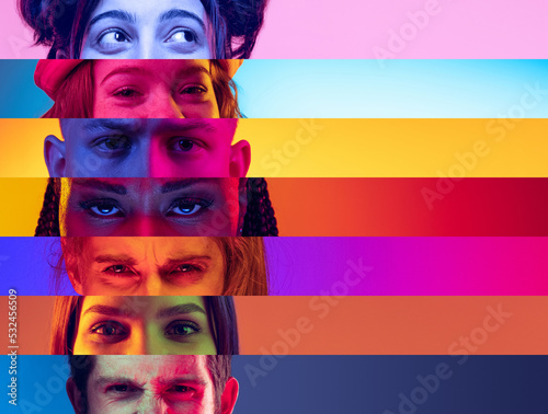 Composite image of close-up male and female eyes isolated on colored neon striped backgorund. Concept of equality, unification of all nations, ages and interests