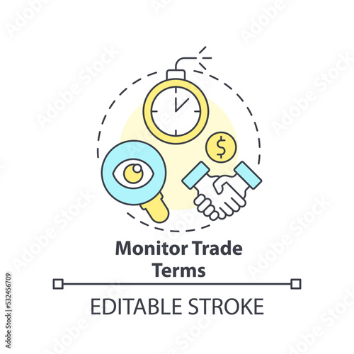 Monitor trade terms concept icon. Distributors payables. Managing prices abstract idea thin line illustration. Isolated outline drawing. Editable stroke. Arial, Myriad Pro-Bold fonts used