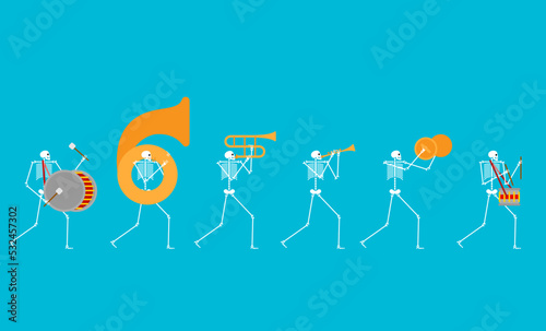 Skeleton music band. Skeletons musicians orchestra. Vector illustration