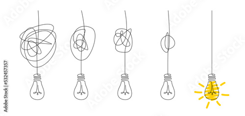 Idea concept with one line bulbs. Innovation ideas. Creative idea banner with lamps. Process of untangling wire to supply electricity to lightbulb. Sign of creativity. Vector illustration. Template