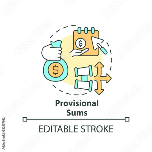 Provisional sums concept icon. Pay in advance. Dealing with inflation in construction abstract idea thin line illustration. Isolated outline drawing. Editable stroke. Arial, Myriad Pro-Bold fonts used