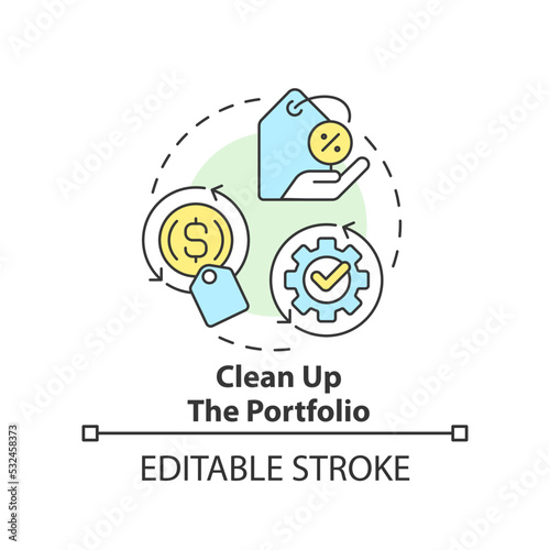 Clean up portfolio concept icon. Affordable goods. Dealing with inflation in business abstract idea thin line illustration. Isolated outline drawing. Editable stroke. Arial, Myriad Pro-Bold fonts used