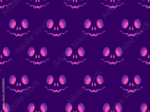 Halloween scary face with glowing eyes in pixel style. Seamless pattern with scary faces carved on a pumpkin in 8-bit 80-90s video game style. Design for applications and banners. Vector illustration