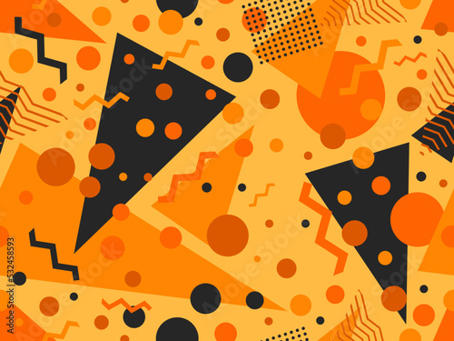 Memphis seamless pattern with geometric shapes in 80s style. Halloween color palette orange and black. Design for promotional products, wrapping paper, brochures and printing. Vector illustration