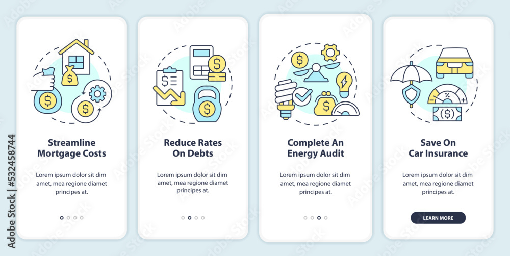 Budgeting for inflation onboarding mobile app screen. Walkthrough 4 steps editable graphic instructions with linear concepts. UI, UX, GUI template. Myriad Pro-Bold, Regular fonts used