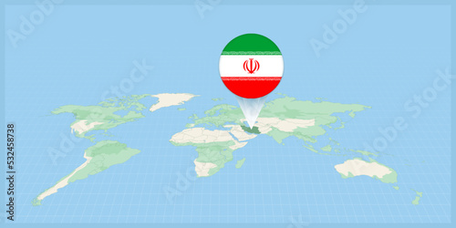 Location of Iran on the world map, marked with Iran flag pin.