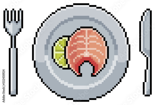 Pixel art plate with salmon and lemon, fork and knife vector icon for 8bit game on white background