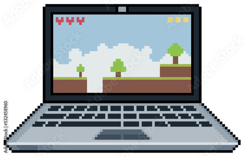 Pixel art laptop computer with retro game vector icon for 8bit game on white background