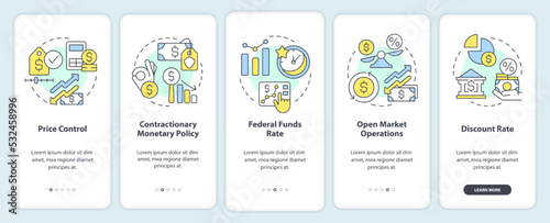 How can government deal with inflation onboarding mobile app screen. Walkthrough 5 steps editable graphic instructions with linear concepts. UI, UX, GUI template. Myriad Pro-Bold, Regular fonts used