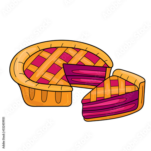 Cute cartoon pie. Cherry or bleuberry pie drawing. Cartoon image of traditional American baked dessert. Isolated vector illustration. photo