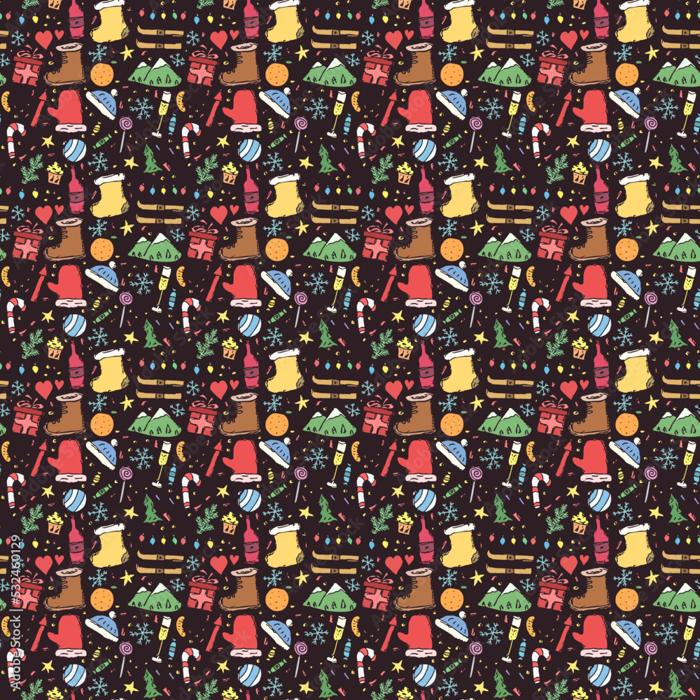 Seamless christmas pattern. New year background. Doodle illustration with christmas and new year icons