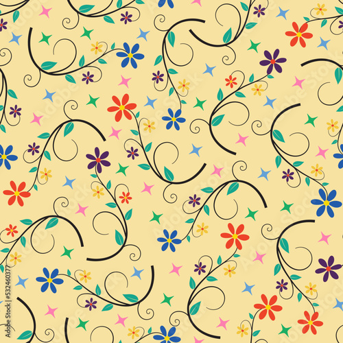 Artistic trendy vector seamless floral ditsy pattern design. Elegant repeating blooming flower, foliage and swirls background for printing and textile