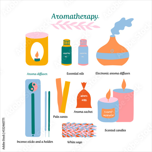 Aromatherapy set consisting of diffusers, essential oils, scented candles, palo santo, white sage, incense sticks