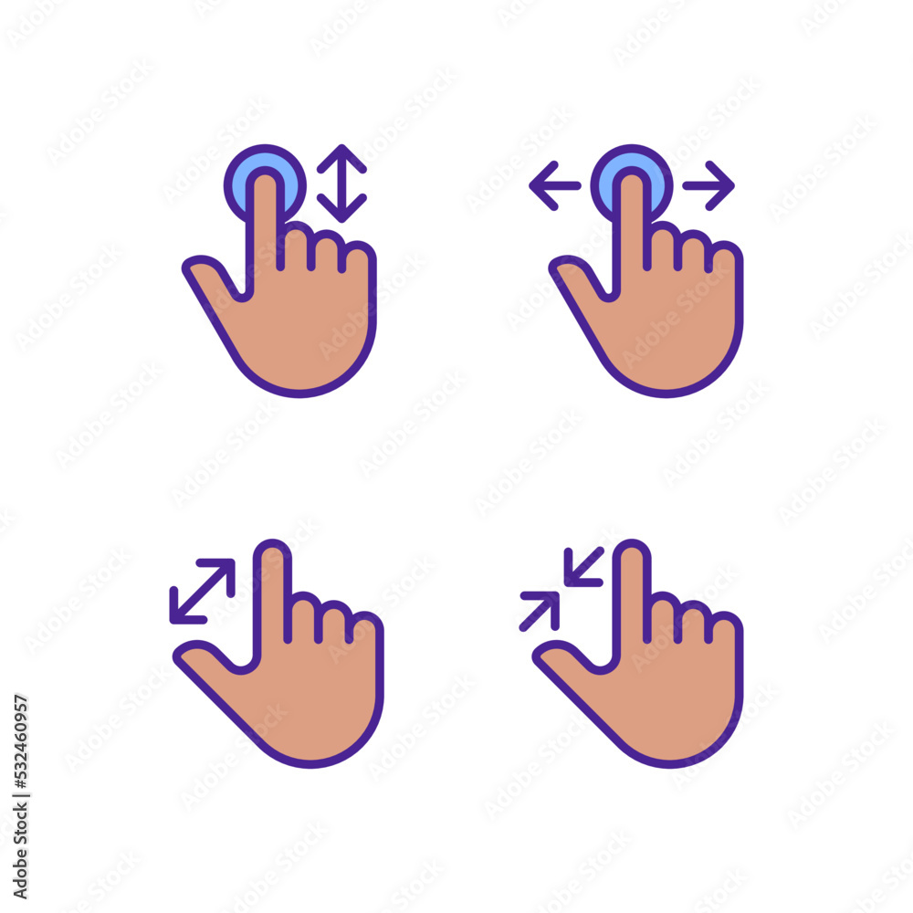 Fototapeta premium Scrolling and magnifying gestures pixel perfect RGB color icons set. Touchscreen. Electronic device navigation. Isolated vector illustrations. Simple filled line drawings collection. Editable stroke