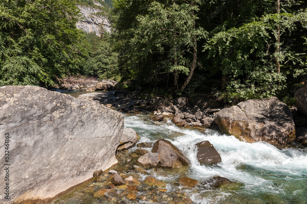 Panoramic valley landscape with crystal clear river, stones and tall trees in Ordesa Pyrenees. Reflections in the water and sparkles of the sun. Panoramic valley landscape with crystal clear river, stones and tall trees in Ordesa Pyrenees. Reflections in the water and sparkles of the sun.