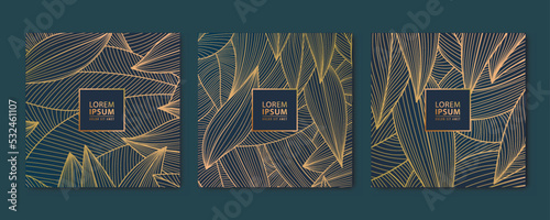 Vector set of gold line leaf cards, square luxury design patterns, borders, frames. Use for package, social net post, invitations, banners, flyers, labels.