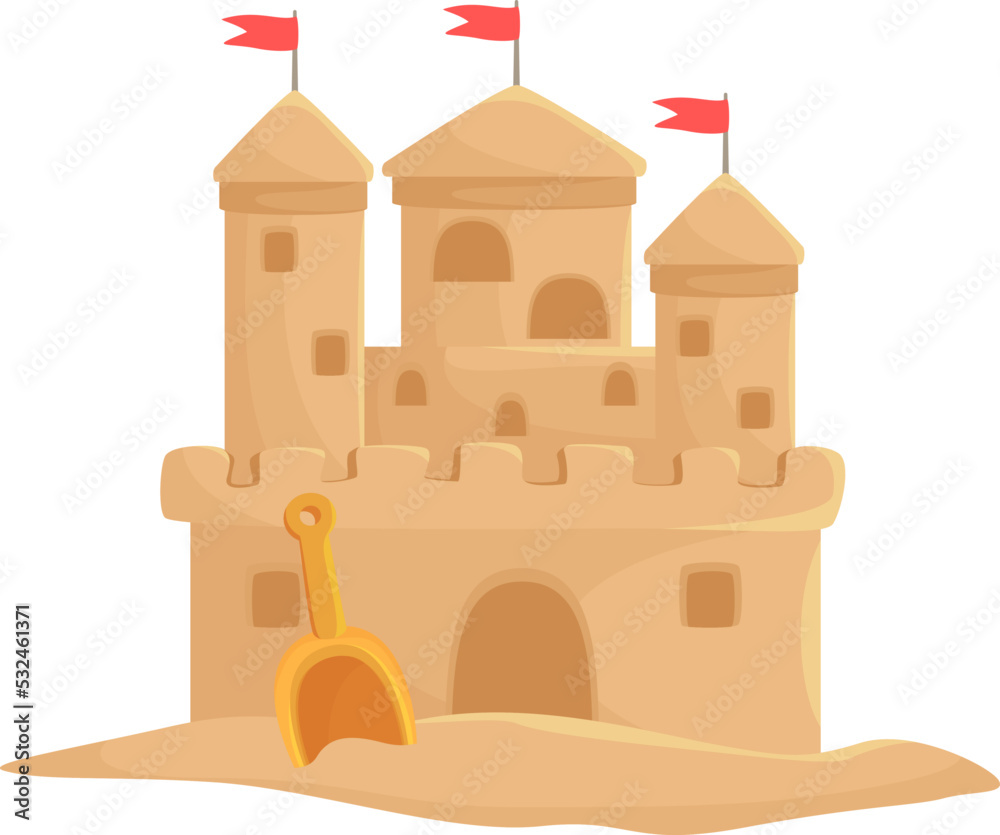 Children s sand castle with red flags towers vector flat illustration. Beach sandcastle Children s sand castle with red flags towers vector flat illustration. Beach sandcastle