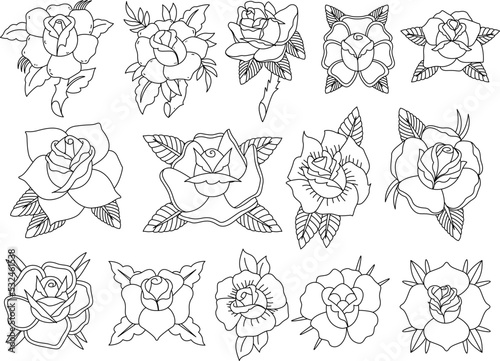 Set of rose flowers doodle drawing. Rose flowers monogram