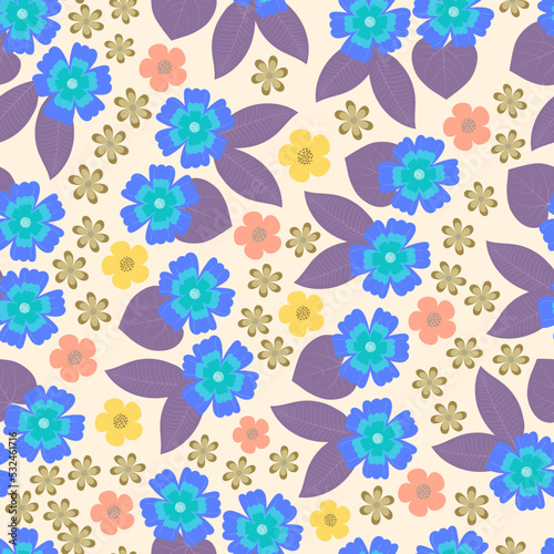 Decorative trendy vector seamless floral ditsy pattern design. Elegant repeat blooming flowers and leaves texture background for printing and textile