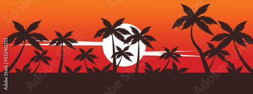 Vector illustration with beautiful palm tree and sky silhouette. With shades of twilight decorated with an orange sky.