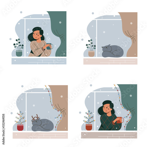 Set of vector winter and Christmas illustrations with cartoon woman drinking tea and sleeping cat. Holiday cozy windows.