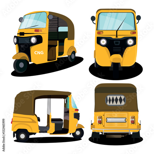 Set of yellow auto-rickshaw illustrations in India.